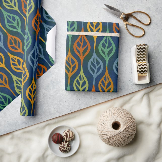 Blue Red Orange Green Teal Fall Leaves Pattern Wrapping Paper (Crafts)