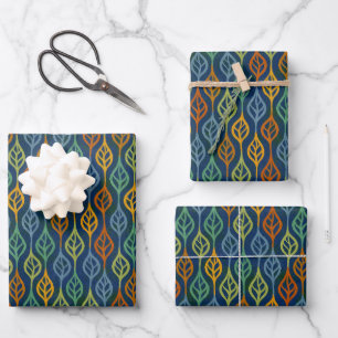 Blue Red Orange Green Teal Fall Leaves Pattern Wrapping Paper Sheet