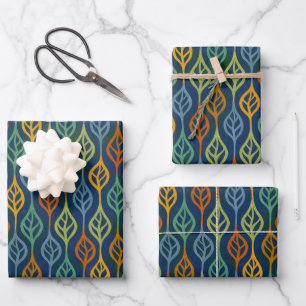 Blue Red Orange Green Teal Fall Leaves Pattern Wrapping Paper Sheet