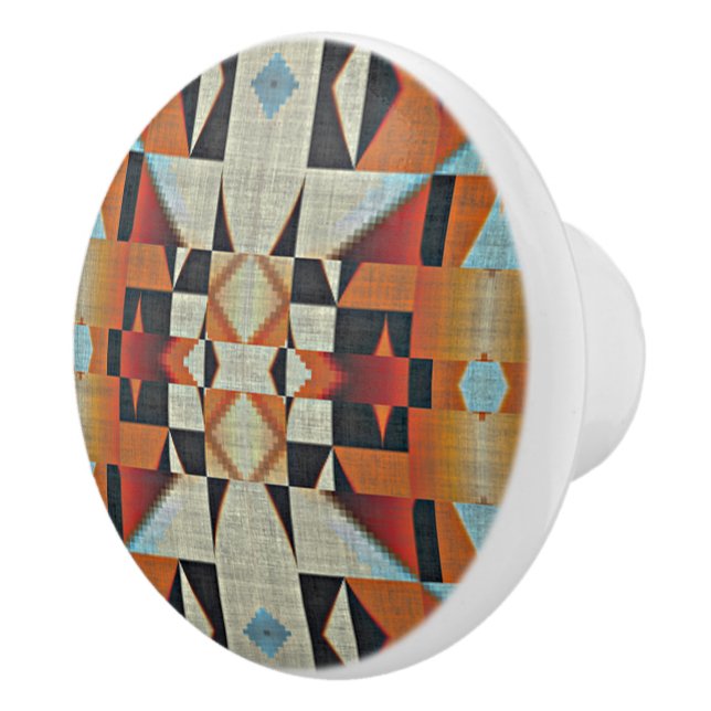 Blue Red Orange Taupe Brown Black Tribal Art Ceramic Knob (Right)