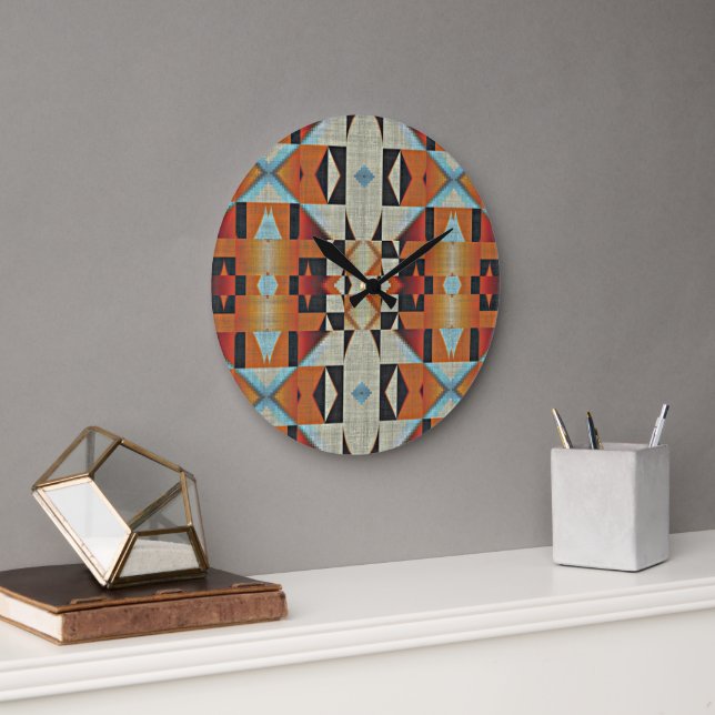 Blue Red Orange Taupe Brown Black Tribal Art Large Clock (Office)
