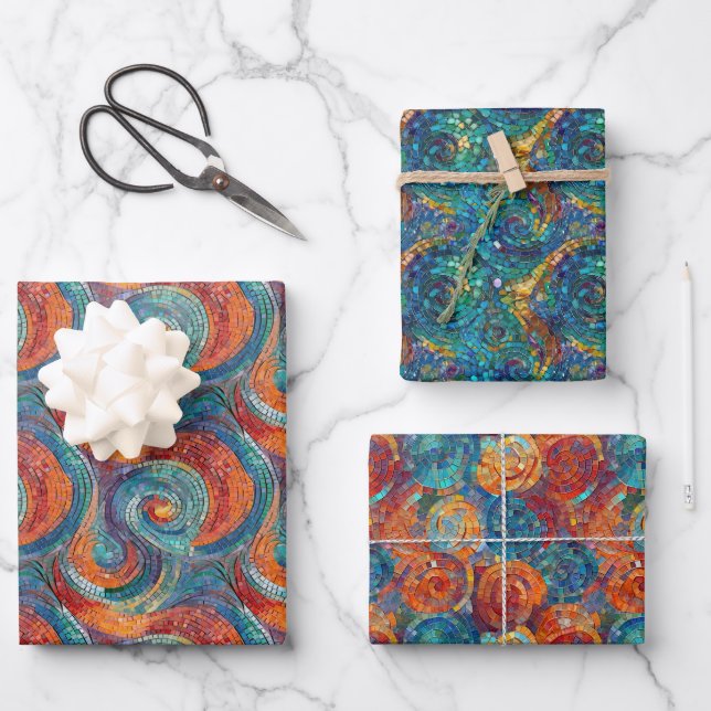 Blue Red Orange Turquoise Swirl Wrapping Paper Sheet (Front)