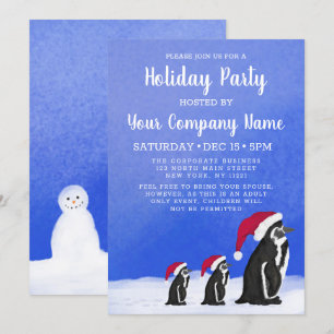 Blue Red Penguin Santa Family Corporate Holiday Invitation