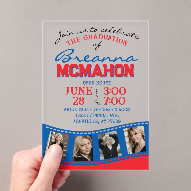 Blue & Red Photo Graduation Filmstrip Frosted Acrylic Invitations (Insitu (Handheld))