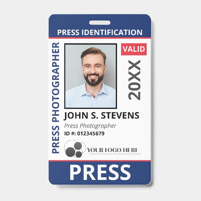 Blue Red Photo & Logo Press ID QR Code Badge (Front)