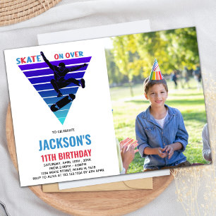 Blue Red Photo Skateboards Birthday Invitations