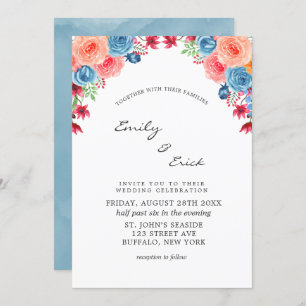 Blue Red Pink Orange Watercolor Peony Wedding Inv Invitation