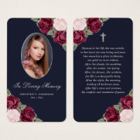 Blue Red Pink Roses Silver Funeral Prayer Card