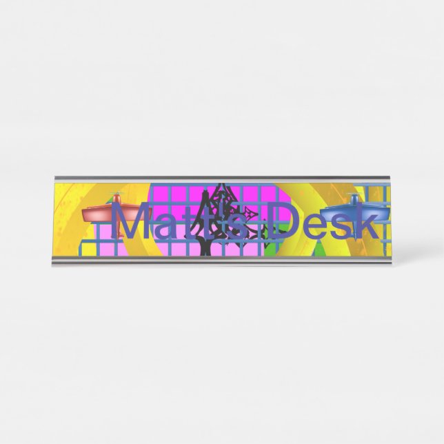 Blue Red Planes Gold Rings Geometric Name Plate (Front)