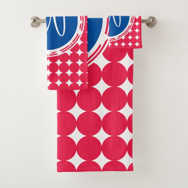 Blue & Red Polka Dot Monogram Bath Towel Set (Insitu)