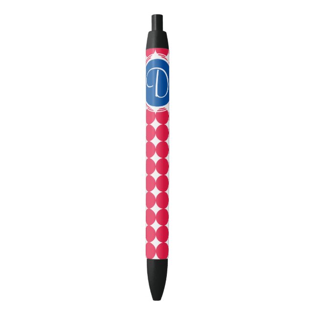 Blue & Red Polka Dot Monogram Black Ink Pen (Front Vertical)