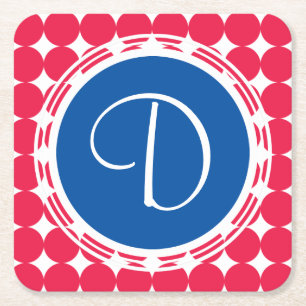 Blue & Red Polka Dot Monogram Square Paper Coaster
