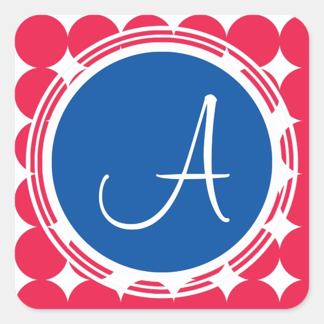 Blue & Red Polka Dot Monogram Square Sticker (Front)
