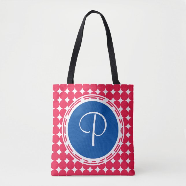 Blue & Red Polka Dot Monogram Tote Bag (Front)