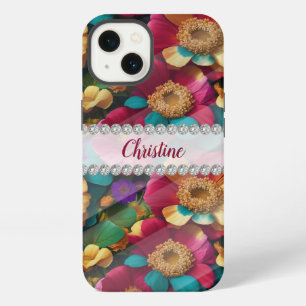 Blue, red, purple 3D flowers, diamond frame custom iPhone 13 Case