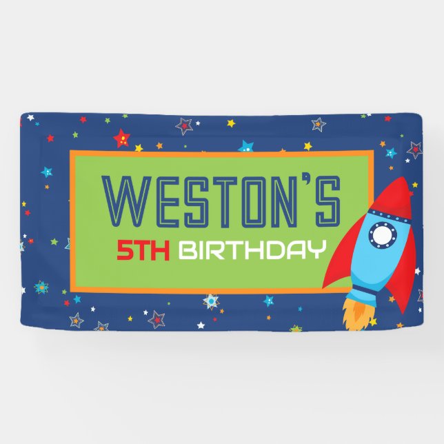 Blue & Red Rocket Outer Space Birthday Banner (Horizontal)