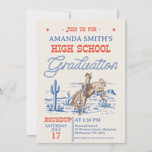 Blue Red Rodeo Cowboy High School Graduation Invitation (Front)