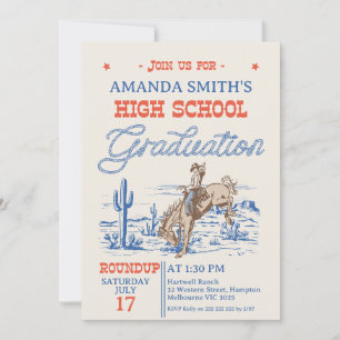 Blue Red Rodeo Cowboy High School Graduation Invitation