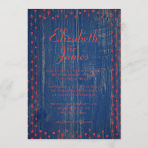 Blue & Red Rustic Barn Wood Wedding Invitations