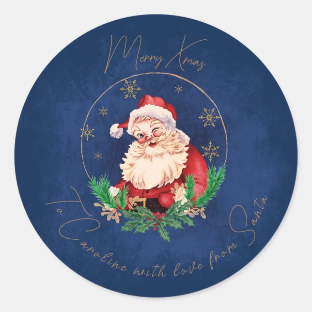 Blue Red Santa Classic Vintage Christmas Round Sticker (Front)
