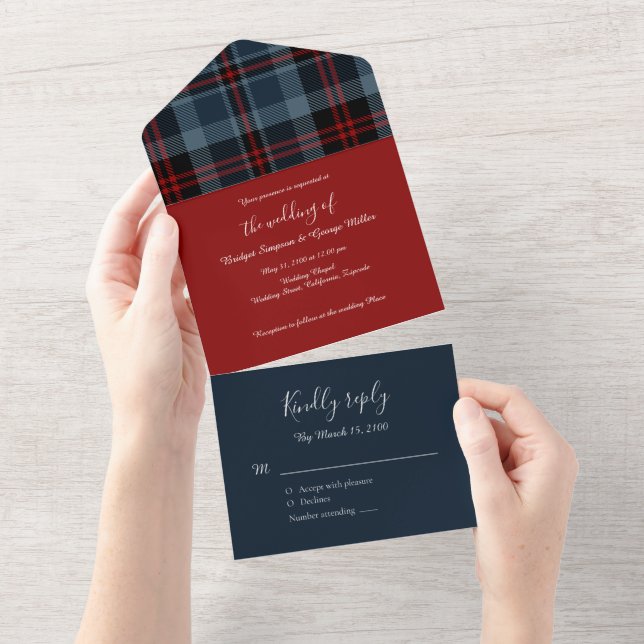 blue red scottish wedding celtic tartan plaid all in one invitation (Tearaway)