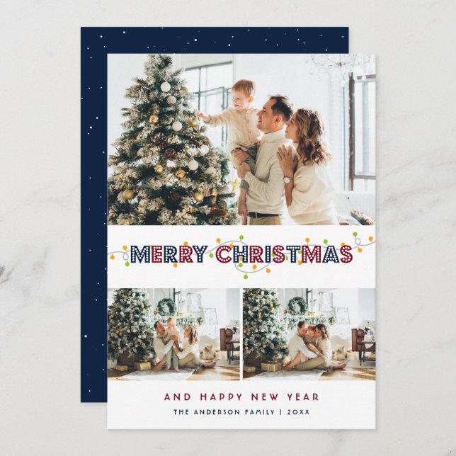 Blue Red Snow Christmas Lights 3 Photo Holiday Card (Front/Back)