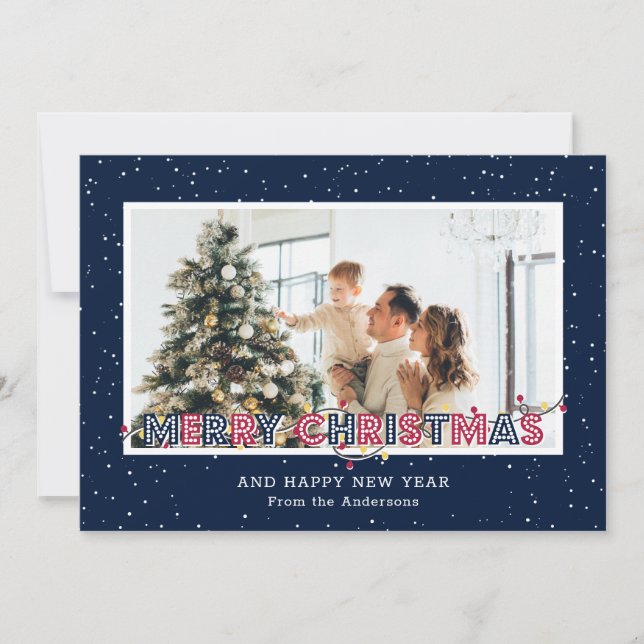 Blue Red Snow Lights Photo Christmas Cards (Front)