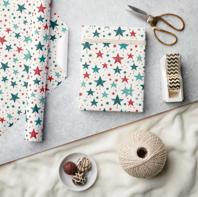 Blue Red Stars Festive Holiday Pattern  Wrapping Paper (Crafts)