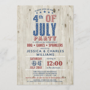 Blue & Red Stars & Stripes Rustic   4th of July Invitation