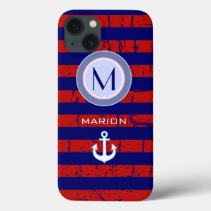 blue&red stripes & anchor monogram iPhone 13 case