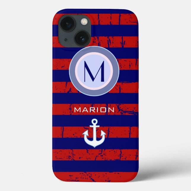 blue&red stripes & anchor monogram Case-Mate iPhone case (Back)