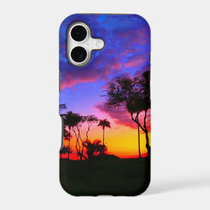 Blue Red Sunset Exotic Hawaiian Beach Palm Trees