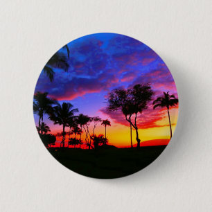 Blue Red Sunset Exotic Hawaiian Beach Palm Trees 6 Cm Round Badge