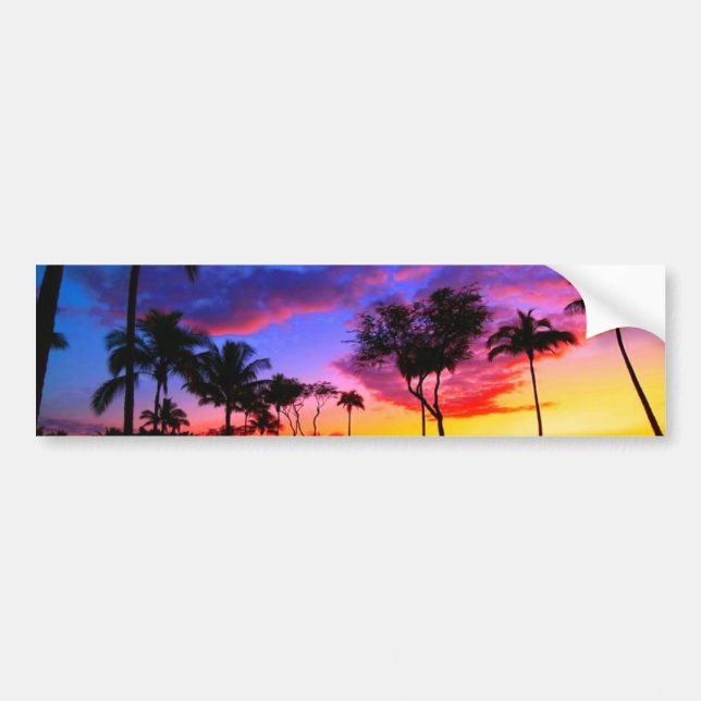 Blue Red Sunset Exotic Hawaiian Beach Palm Trees Bumper Sticker (Front)