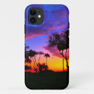 Blue Red Sunset Exotic Hawaiian Beach Palm Trees iPhone 11 Case
