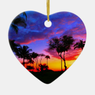 Blue Red Sunset Exotic Hawaiian Beach Palm Trees Ceramic Tree Decoration