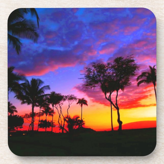Blue Red Sunset Exotic Hawaiian Beach Palm Trees Coaster (Front)