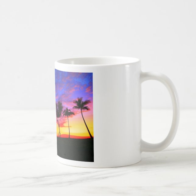 Blue Red Sunset Exotic Hawaiian Beach Palm Trees Coffee Mug (Right)