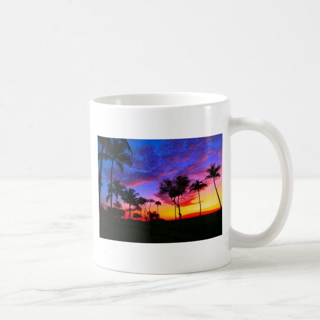 Blue Red Sunset Exotic Hawaiian Beach Palm Trees Coffee Mug (Right)