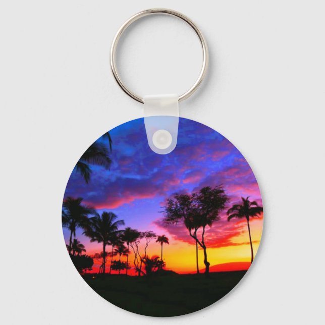 Blue Red Sunset Exotic Hawaiian Beach Palm Trees Key Ring (Front)