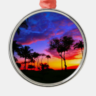 Blue Red Sunset Exotic Hawaiian Beach Palm Trees Metal Tree Decoration