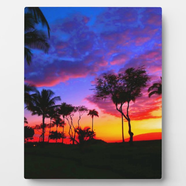Blue Red Sunset Exotic Hawaiian Beach Palm Trees Plaque (Front)