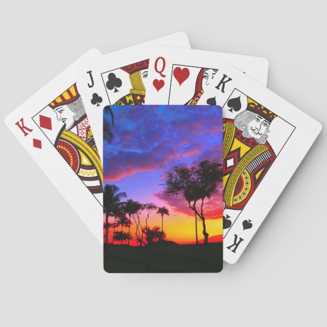 Blue Red Sunset Exotic Hawaiian Beach Palm Trees Playing Cards (Back)