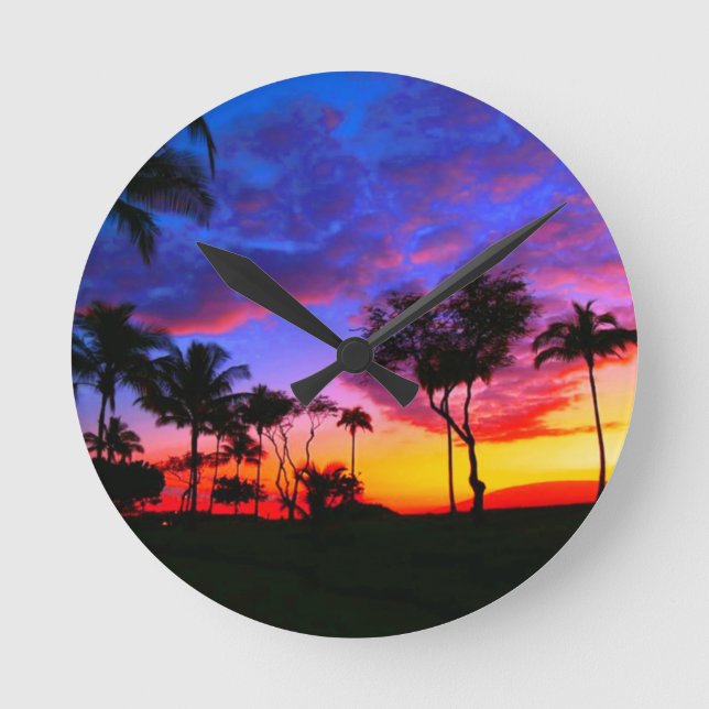 Blue Red Sunset Exotic Hawaiian Beach Palm Trees Round Clock (Front)