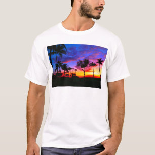 Blue Red Sunset Exotic Hawaiian Beach Palm Trees T-Shirt