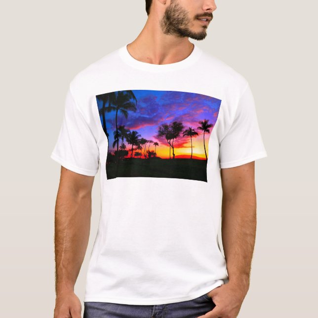 Blue Red Sunset Exotic Hawaiian Beach Palm Trees T-Shirt (Front)