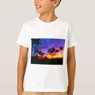 Blue Red Sunset Exotic Hawaiian Beach Palm Trees T-Shirt