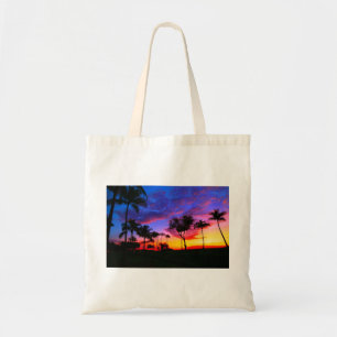 Blue Red Sunset Exotic Hawaiian Beach Palm Trees Tote Bag