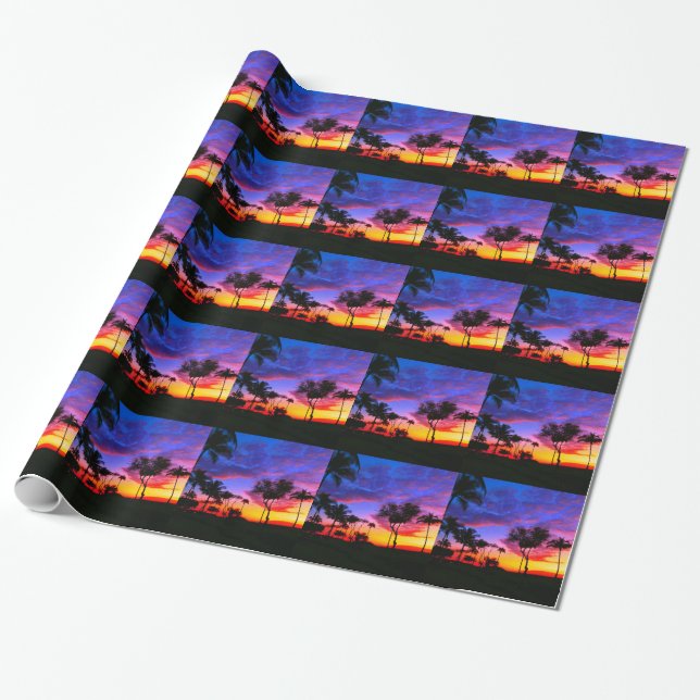 Blue Red Sunset Exotic Hawaiian Beach Palm Trees Wrapping Paper (Unrolled)