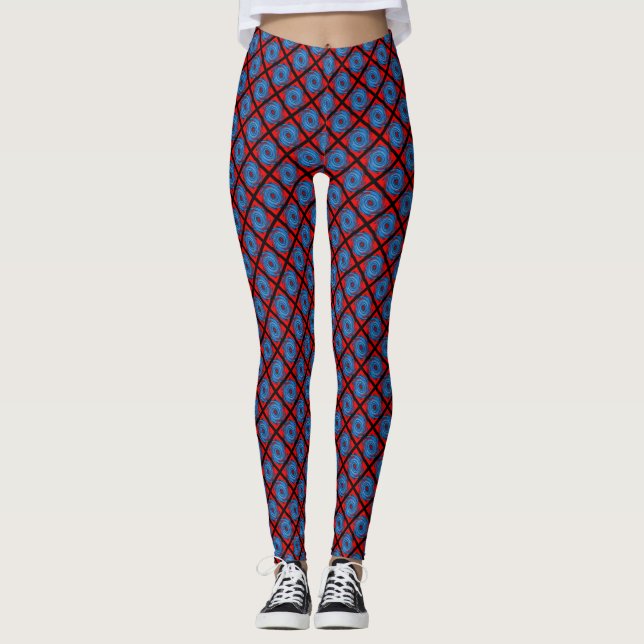 Blue Red Swirl Abstract Pattern Leggings (Front)